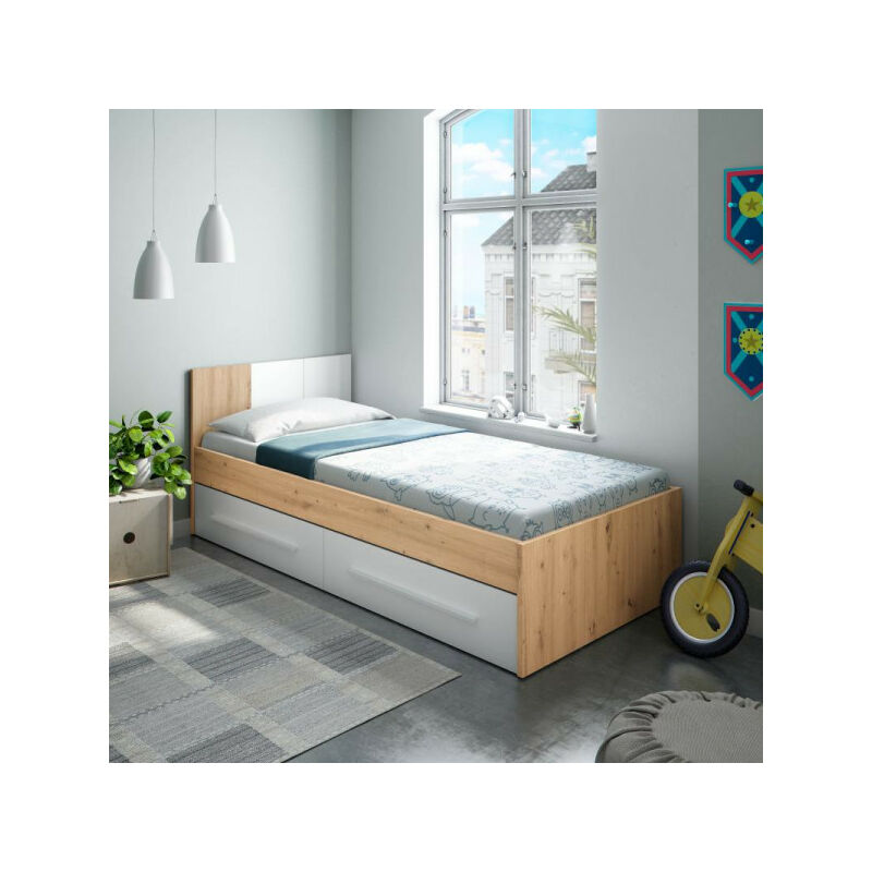 TMM - Cadre de lit 90x190 Blanc/Chêne + 2 tiroirs - toza - l 97 x l 196 x h 77 cm