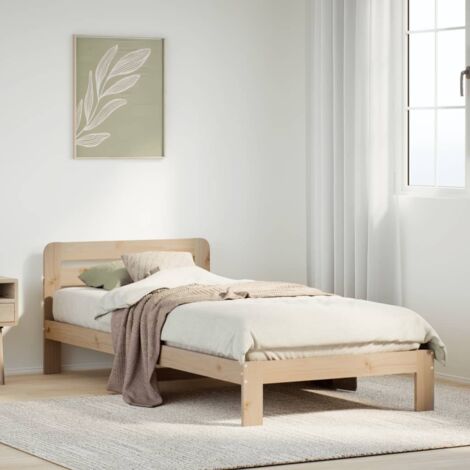 Cadre de Lit 90x200 cm Bois de Pin Massif Sommier Lattes & Tête de Lit Rustique Espace Rangement, Non Traité, Assemblage Requis