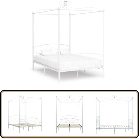 Cadre de lit à baldaquin Blanc Métal 120 x 200 cm - Cadre De Lit - Lit À Baldaquin - Lit Metal - Lit Blanc - Meuble Chambre