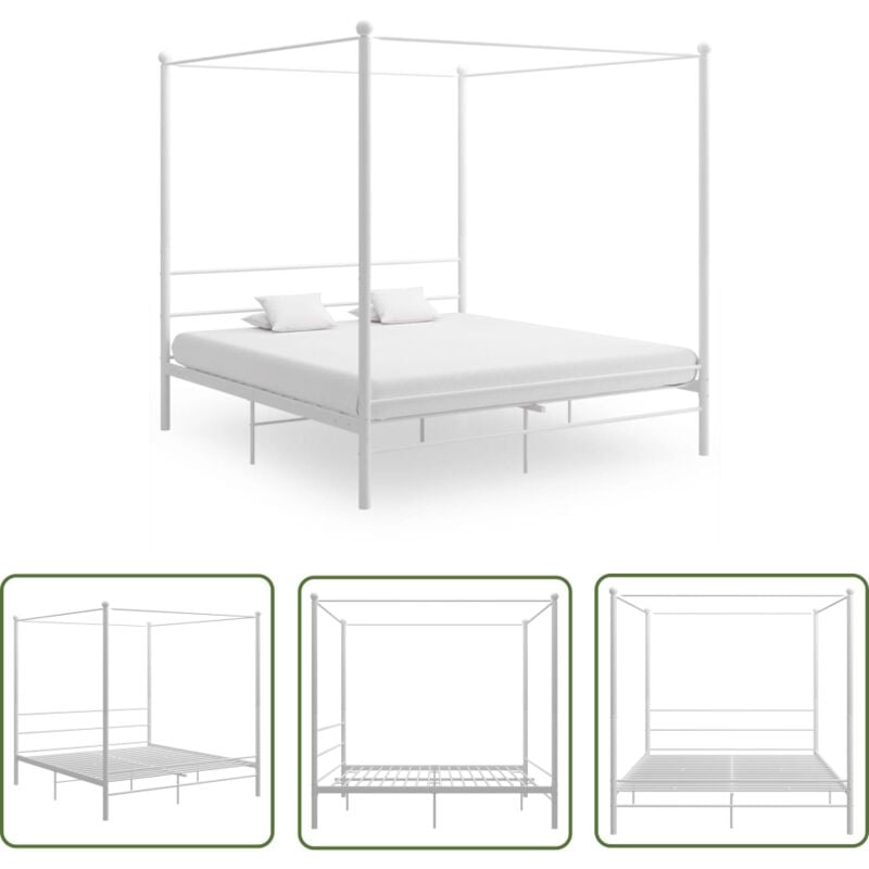 The Living Store Cadre de lit à baldaquin sans matelas blanc métal 180x200 cm - Lit Plateforme - Lit Double - Cadre Lit Metal - Lit Design - Literie