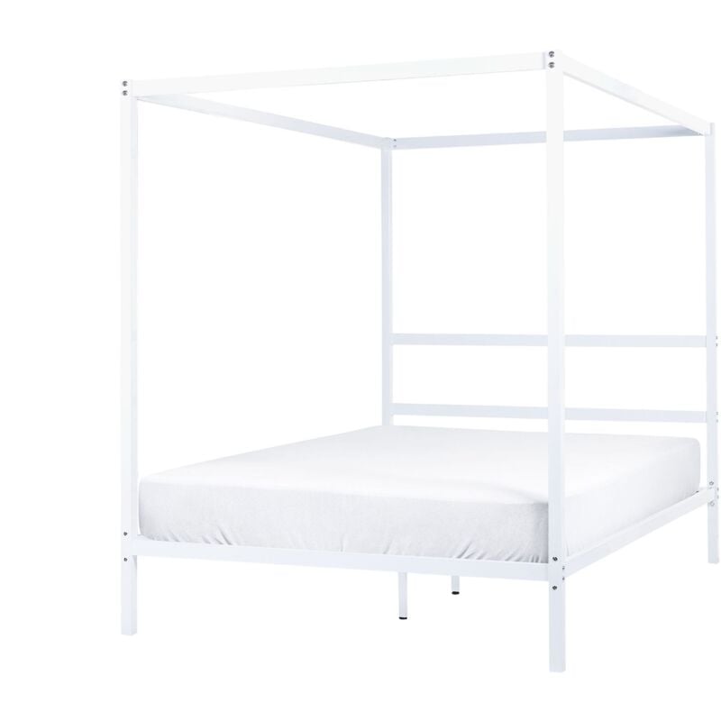 Cadre de Lit à Baldaquin Double avec Lattes 140 x 200 cm en Métal Blanc Lestards