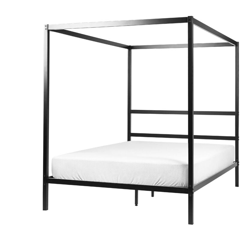 Cadre de Lit à Baldaquin Double avec Lattes 140 x 200 cm en Métal Noir Lestards