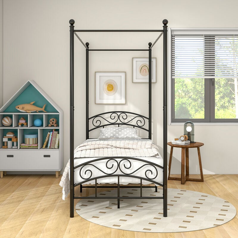 Cadre de lit à baldaquin en métal, lit en fer avec baldaquin, lit en métal, design classique, chambre à coucher, cadre de lit sans matelas, noir, 90