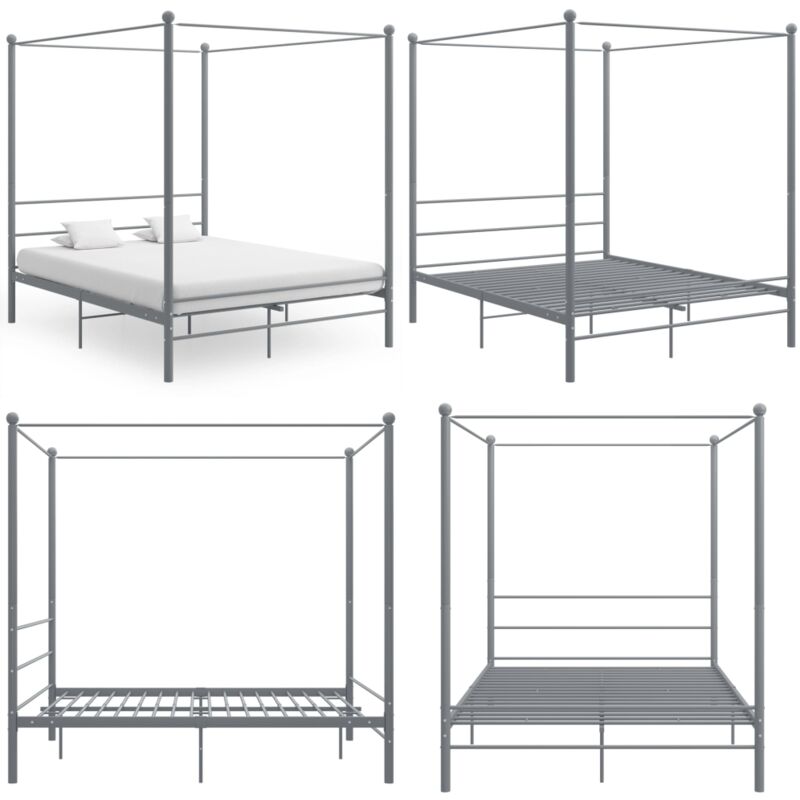 Cadre de lit à baldaquin sans matelas gris métal 160x200 cm - Lit Plateforme - Lit Double - Cadre Lit Metal - Lit Design - Literie - Home & Living