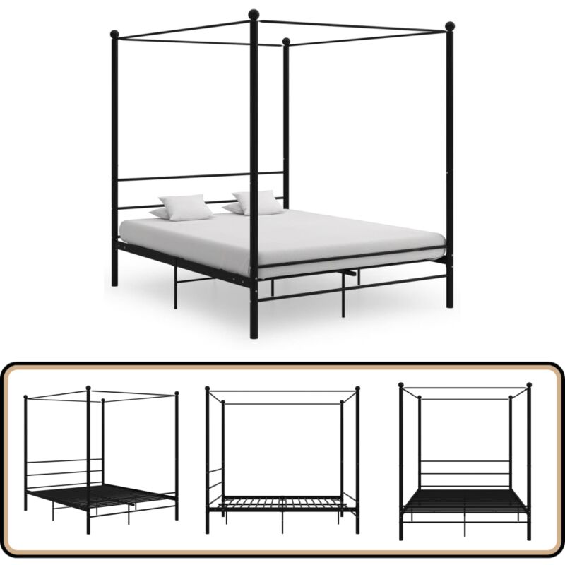 Cadre de lit à baldaquin sans matelas noir 160x200 cm métal - Cadre De Lit - Lit à Baldaquin - Lit Double - Lit Métal - Literie