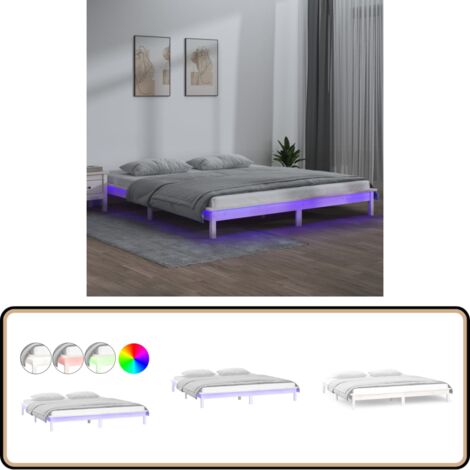 Cadre de lit à LED sans matelas blanc 135x190 cm bois massif - Cadre De Lit - Lit Double - Bois Massif - Lumieres Led - Chambre À Coucher