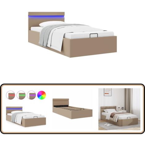 Cadre de lit à rangement et LED Cappuccino Similicuir 100x200cm - Lit Plateforme - Lit Capitonné - Lit Avec Rangement - Lit Double - Cadre Lit