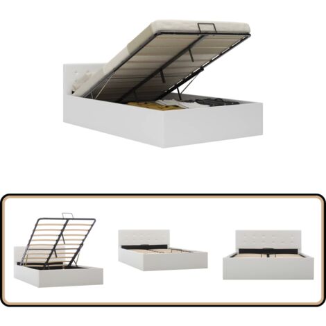 Cadre de lit à rangement hydraulique sans matelas 120x200 cm - Lit Double - Cadre De Lit - Lit Hydraulique - Lit Avec Rangement - Simili Cuir Blanc