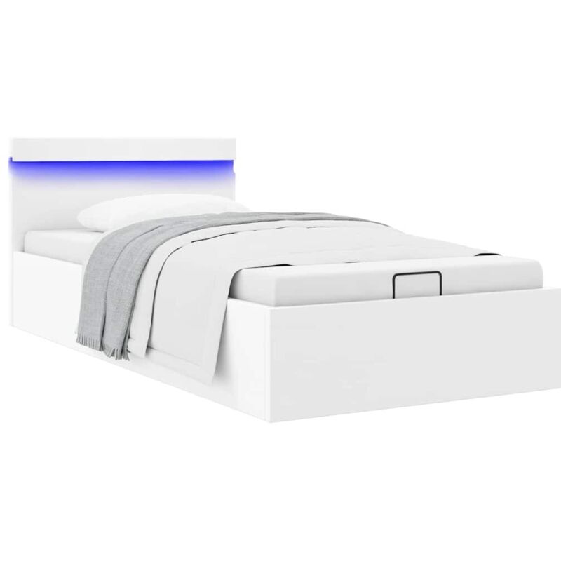 Cadre de lit à rangement avec led blanc similicuir 90x200 cm