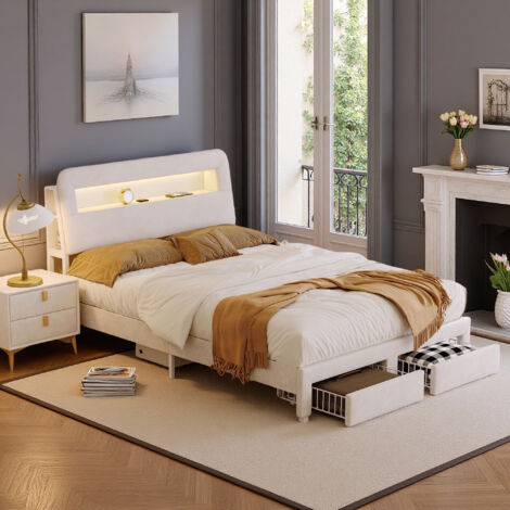 Cadre de lit ado 140x200 cm - USB et LED - Velours Beige - Tiroirs - lit 140x200 cm