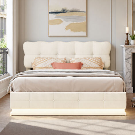 Cadre de lit adulte 140x190 cm - avec LED - Velours Beige - hydraulique