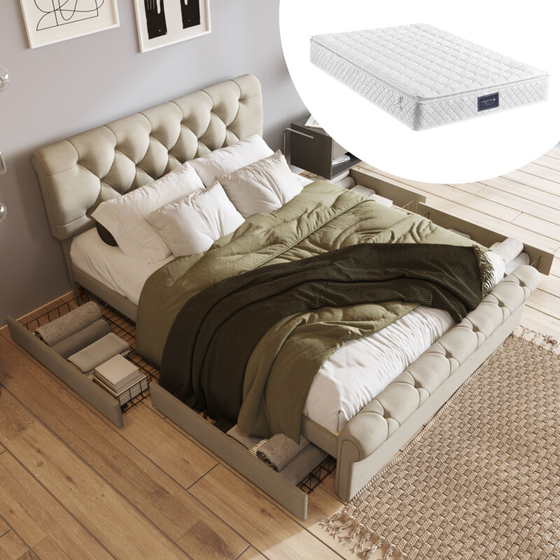 Lit simple rembourré, avec 4 tiroirs, tête de lit réglable en hauteur, 140x200cm, naturel (avec matelas)