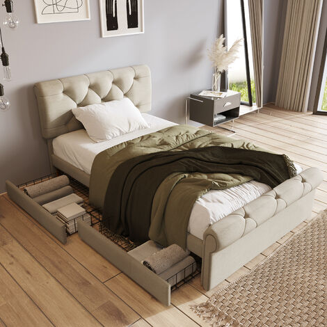 Cadre de lit avec 4 tiroirs, lit simple rembourré 140x200cm, tête de lit réglable en hauteur, lit fonctionnel Chesterfield, naturel,sans matelas - 140x200cm