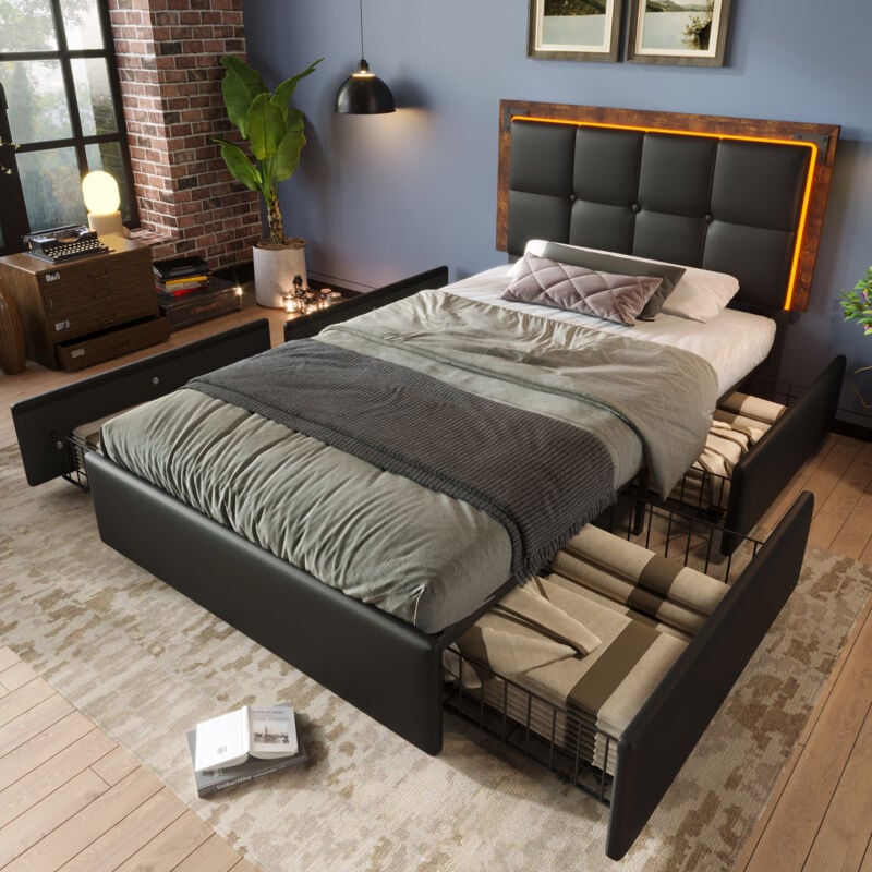 Okwish - Lit double rembourré 90x200 cm lit adulte avec éclairage led, 4 tiroirs et tête de lit réglable en hauteur, en pu, noir