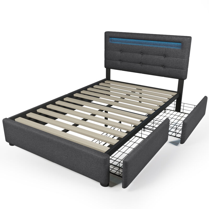 L&h-cfcahl - Cadre de lit avec éclairage led et 2 tiroirs, lit simple Lit capitonné 90x200cm, tête de lit réglable, cadre à lattes en bois, gris