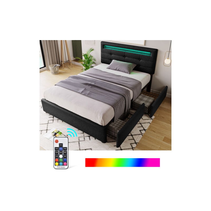 Cadre de lit avec éclairage LED et 2 tiroirs, lit simple rembourré 90x200cm, tête de lit réglable en hauteur, sommier à lattes en bois, noir (sans