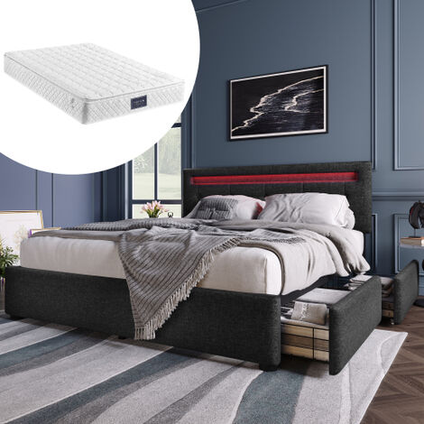 Cadre de lit avec éclairage LED et 4 tiroirs, matelas inclus, lit double 140x200 cm, tête de lit réglable en hauteur, cadre en lattes en bois, noir