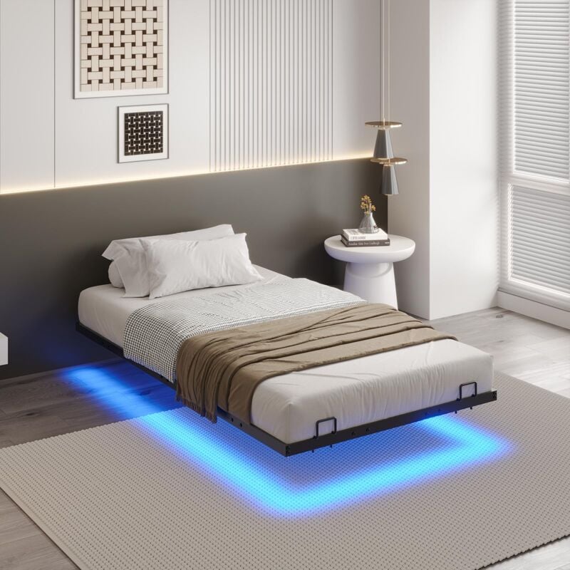 Msmask - Cadre de lit avec éclairage led et sommier à lattes en métal, cadre de lit avec lumière, cadre de lit flottant, Noir, Sans Matelas, 90x200 cm