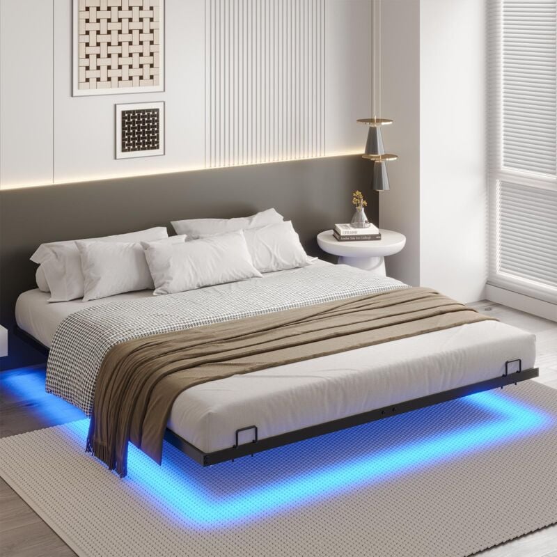 Msmask - Cadre de lit avec éclairage led et sommier à lattes en métal, cadre de lit avec lumière, cadre de lit flottant, Noir, Sans Matelas, 160x200