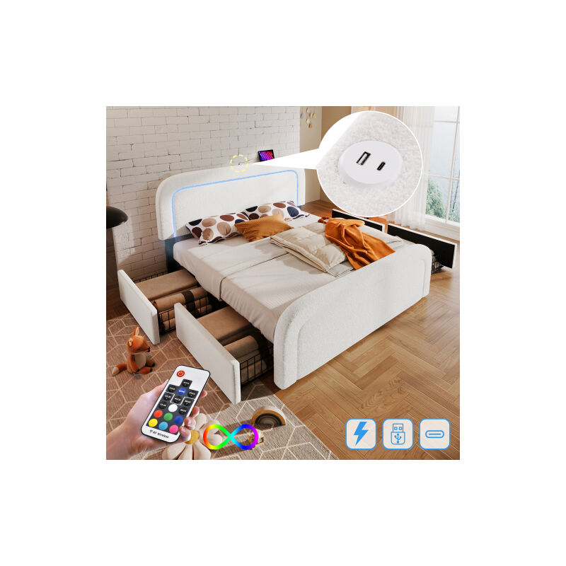 Cadre de lit avec fonction de charge USB Type C, éclairage LED et 4 tiroirs, lit double, lit rembourré 160x200cm, tête de lit réglable en hauteur,