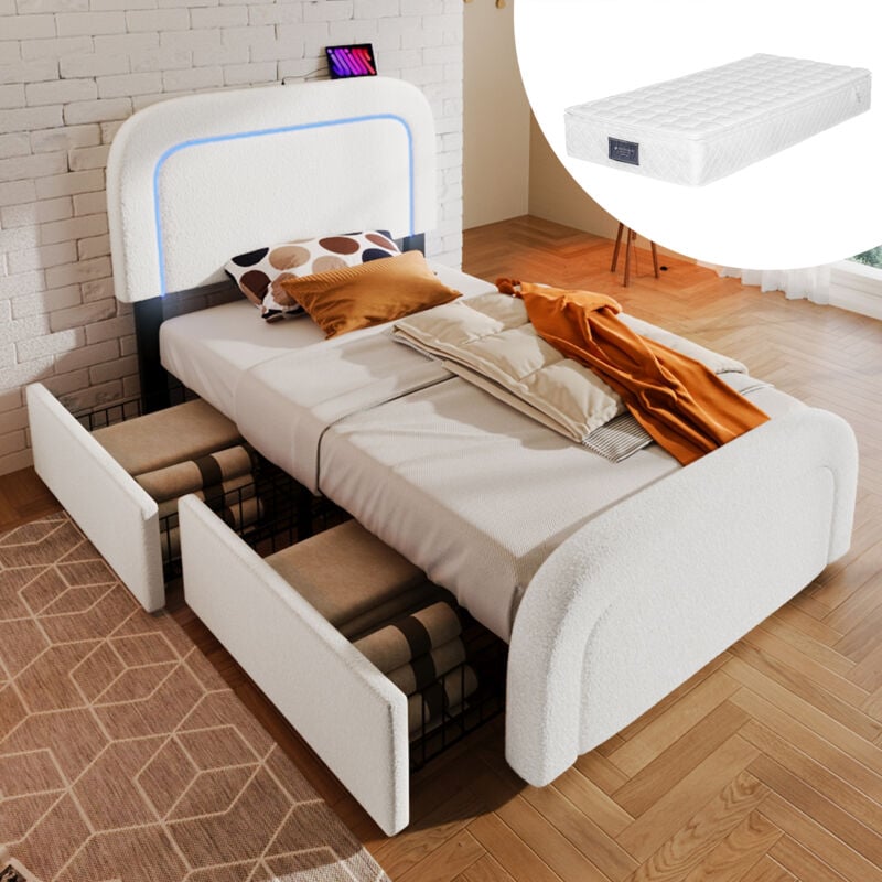 Lit adulte, avec USB Type-C, LED et 2 tiroirs, lit rembourré 90x200cm, blanc (avec matelas)