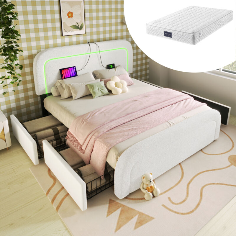 Redom - Lit adulte, avec usb Type-C, led et 4 tiroirs, lit rembourré 160x200cm, blanc (avec matelas)