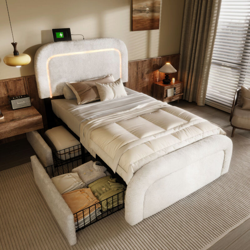 Ohjijinn - Cadre de lit avec fonction de chargement usb Type c, éclairage led et 2 tiroirs, lit simple rembourré 90x200cm, tête de lit réglable en