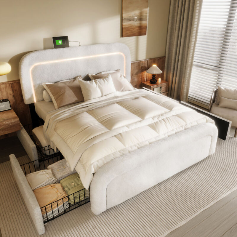 Ohjijinn - Cadre de lit avec fonction de chargement usb Type c, éclairage led et 4 tiroirs, lit double rembourré 140x200cm, tête de lit réglable en