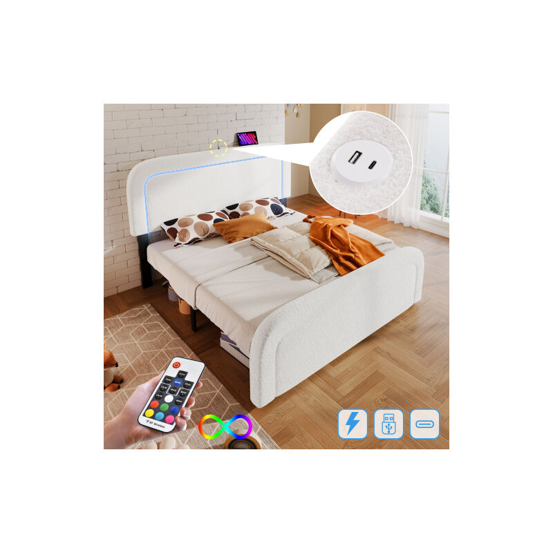 Cadre de lit avec fonction de recharge USB Type C Eclairage LED, Lit double Lit rembourré 140x200cm, Tête de lit réglable en hauteur, Sommier à