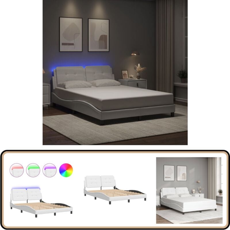Cadre de lit avec led sans matelas blanc 140x190 cm - Lit Plateforme - Lit Design - Lit Avec Rangement - Cadre Lit - Luminaire Intégré