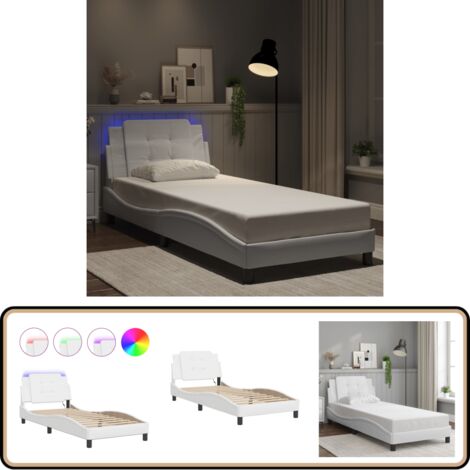 Cadre de lit avec LED sans matelas blanc 90x190 cm - Lit Plateforme - Lit Design - Lit Avec Éclairage Led - Cadre Lit Blanc - Tête De Lit Rembourrée