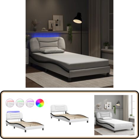 Cadre de lit avec LED sans matelas blanc et noir 100x200 cm - Lit Plateforme - Lit Design - Cadre Lit - Tête De Lit Rembourrée - Éclairage Led