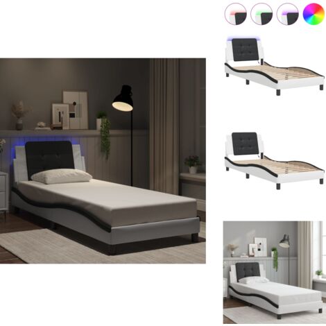 Cadre de lit avec LED sans matelas blanc et noir 90x190 cm - Lit Plateforme - Lit Design - Lit Avec Éclairage Led - Cadre Lit Moderne - Tête De Lit Rembourrée