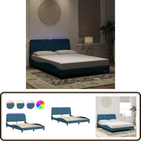 Cadre de lit avec LED sans matelas bleu 140x190 cm velours - Lit Plateforme - Lit Design - Lit Velours - Cadre Lit LED - Éclairage Led