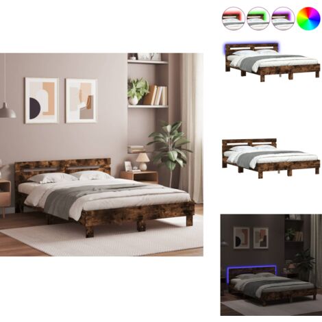 Cadre de lit avec LED sans matelas chêne fumé 140x190 cm - Cadre De Lit - Lit Double - Lit Moderne - Éclairage Led - Tête De Lit Rembourrée