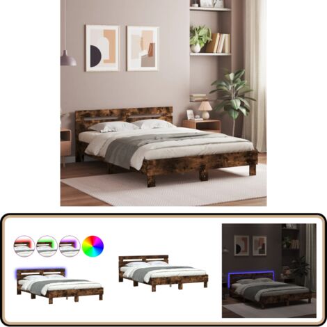 Cadre de lit avec LED sans matelas chêne fumé 140x200 cm - Lit Double - Cadre De Lit - Éclairage LED - Bois D'ingénierie - Design Moderne