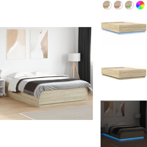 Cadre de lit avec LED sans matelas chêne sonoma 150x200 cm - Cadre De Lit - Lit Double - Sommier - Éclairage Led - Lumière Rgb