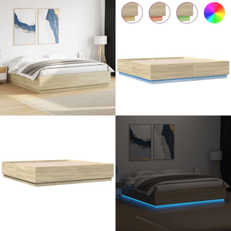 Cadre de lit avec led sans matelas chêne sonoma 180x200 cm - Cadre De Lit - Lit Moderne - Éclairage Led - Sommier - Meuble Chambre - Home & Living