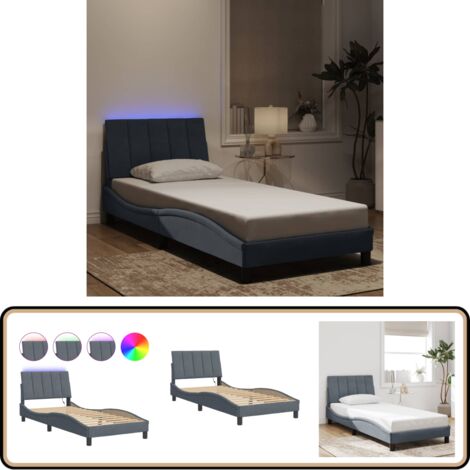 Cadre de lit avec LED sans matelas gris foncé 90x190 cm velours - Lit Plateforme - Lit Design - Lit Velours - Cadre Lit Double - Éclairage Led