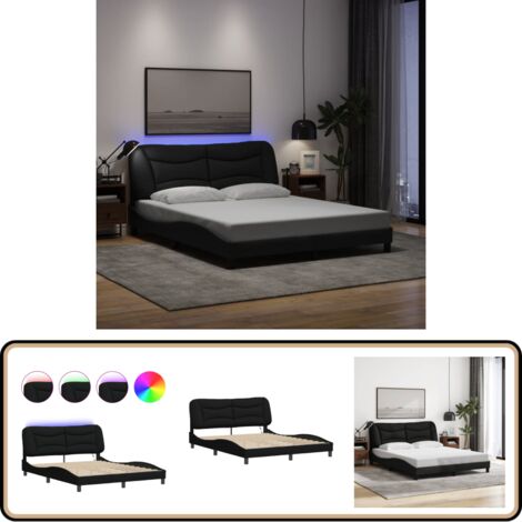 Cadre de lit avec LED sans matelas noir 160x200 cm tissu - Lit Double - Chambre À Coucher - Design Moderne - Éclairage LED - Cadre Lit