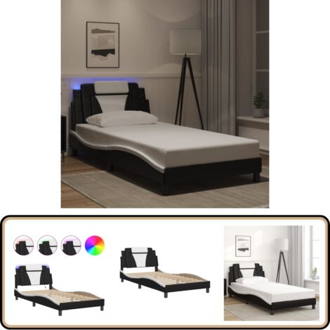 Cadre de lit avec LED sans matelas noir et blanc 100x200 cm - Lit Plateforme - Lit Design - Lit Avec Éclairage Led - Cadre Lit - Meuble Chambre
