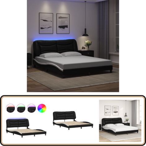 Cadre de lit avec LED sans matelas noir et blanc 160x200 cm - Lit Plateforme - Lit Design - Lit Moderne - Cadre Lit - Tête De Lit Rembourrée