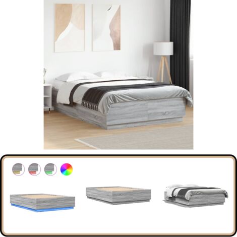 Cadre de lit avec LED sans matelas sonoma gris 150x200 cm - Cadre De Lit - Lit Avec Led - Lumieres Led - Sommier - Lit Moderne