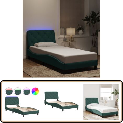 Cadre de lit avec LED sans matelas vert foncé 90x190 cm velours - Lit Plateforme - Lit Design - Lit Velours - Cadre Lit - Luminaire Led