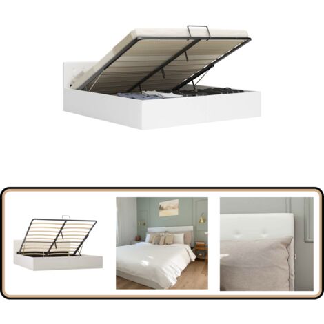 Cadre de lit avec rangement hydraulique 180x200 cm similicuir - Cadre De Lit - Lit Double - Lit Blanc - Meuble De Chambre - Rangement Sous Lit