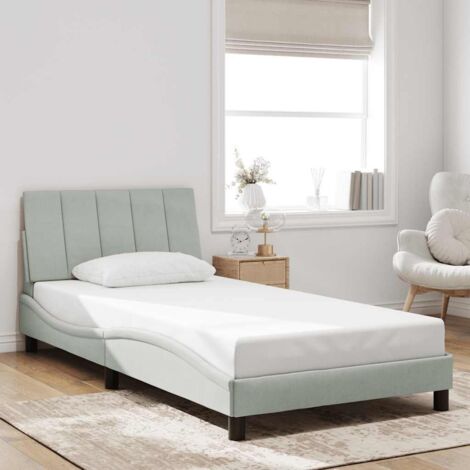 Cadre de Lit avec Tête de Lit Hanko Gris Clair 100x200 cm Velours, Avec Coussin de Tête et Lattes Contreplaqué