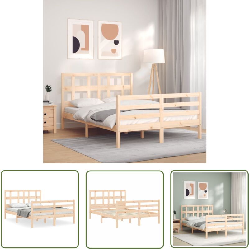 The Living Store Cadre de lit sans matelas bois massif - Lit En Bois - Cadre De Lit - Lit Double - Lit Petit Double - Literie