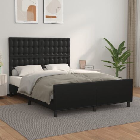 Cadre de Lit avec Tête de Lit Similicuir Noir Moderne, 140x200 cm, Hauteur Réglable, Lattes Contreplaqué, sans Matelas