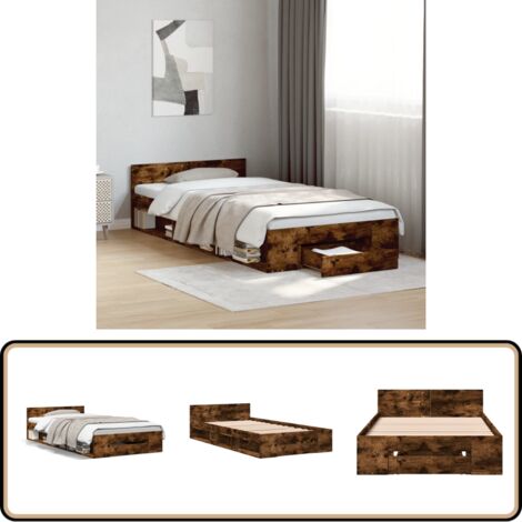 Cadre de lit avec tiroir sans matelas chêne fumé 90x200 cm - Cadre De Lit - Lit Double - Meuble De Chambre - Rangement Sous Lit - Tiroir Intégré