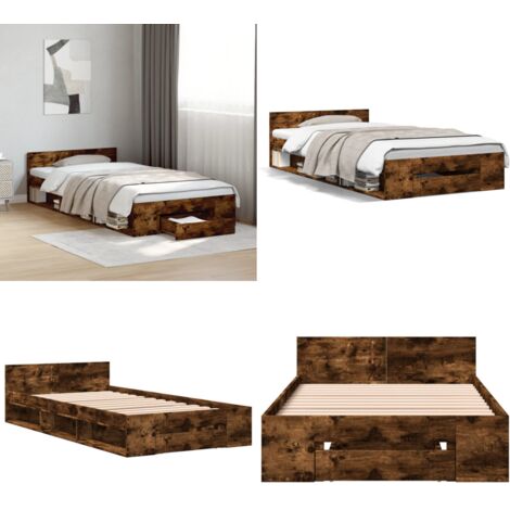 Cadre de lit avec tiroir sans matelas chêne fumé 90x200 cm - Cadre De Lit - Lit Double - Meuble De Chambre - Rangement Sous Lit - Tiroir Intégré - Home & Living